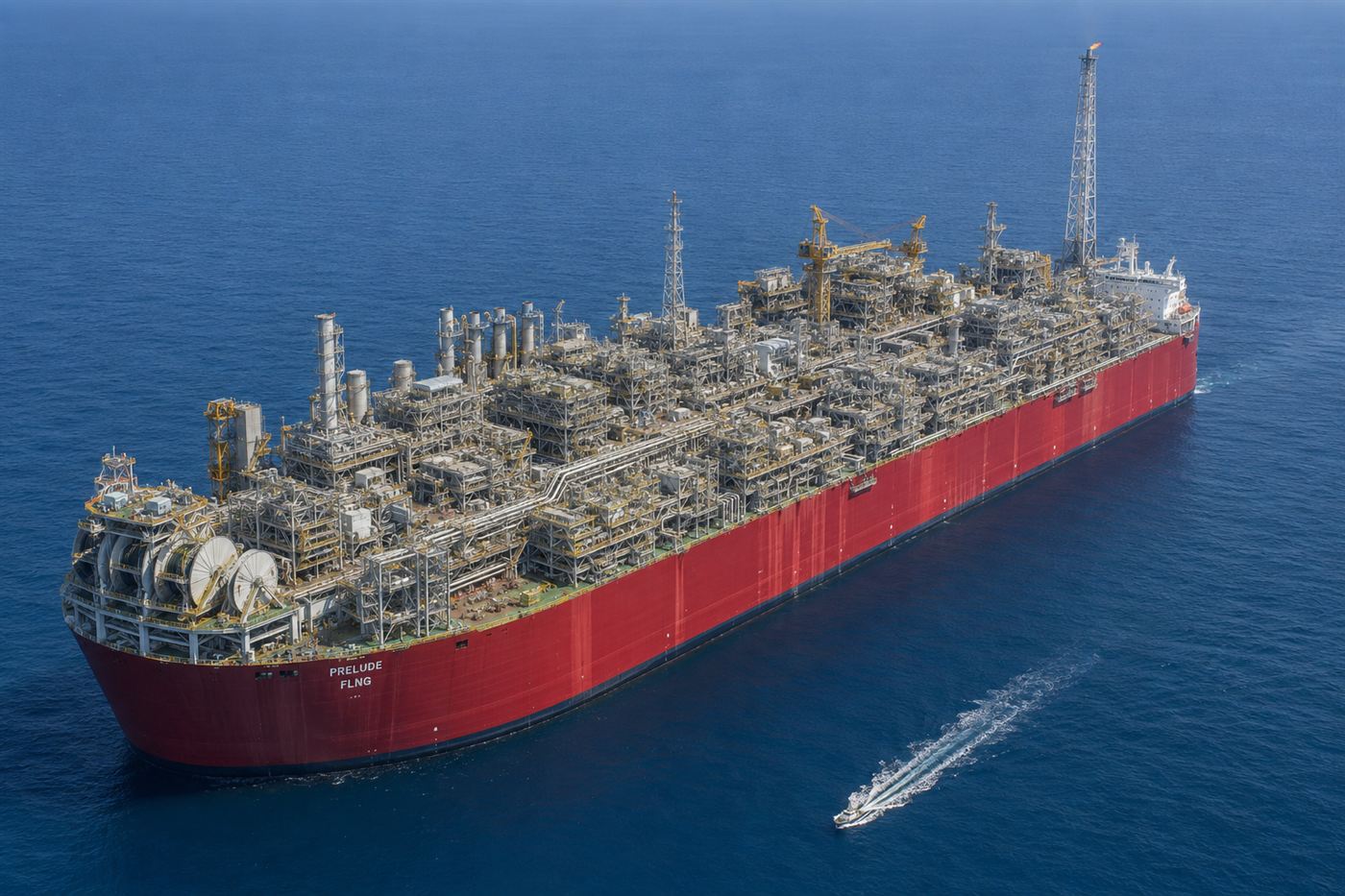 The enormous Prelude FLNG floating gas facility, a vast red and grey industrial vessel covered in pipework, moored on the open sea