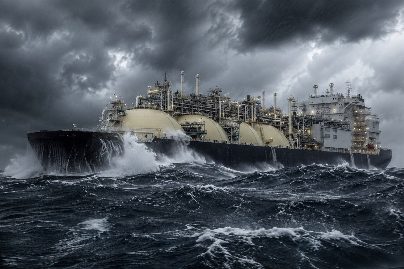 The huge Prelude FLNG vessel riding out a violent tropical cyclone, dark waves and spray breaking against its long hull
