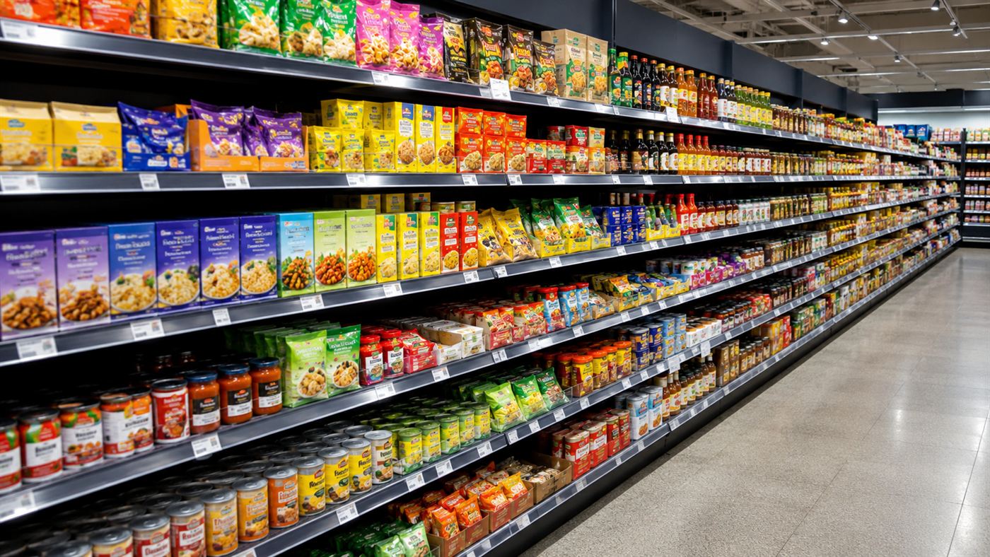 A supermarket shelf lined with packaged and processed foods that commonly contain food preservatives