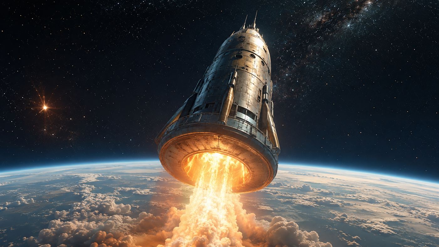 A massive retro-futuristic Project Orion spaceship riding a nuclear blast upward into a starry sky above Earth