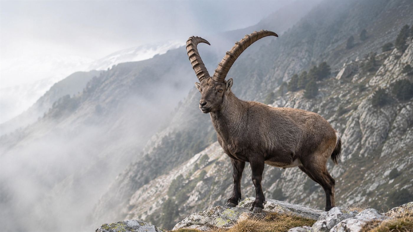 A Pyrenean ibex on a rocky ledge, the species at the centre of the Pyrenean ibex de-extinction