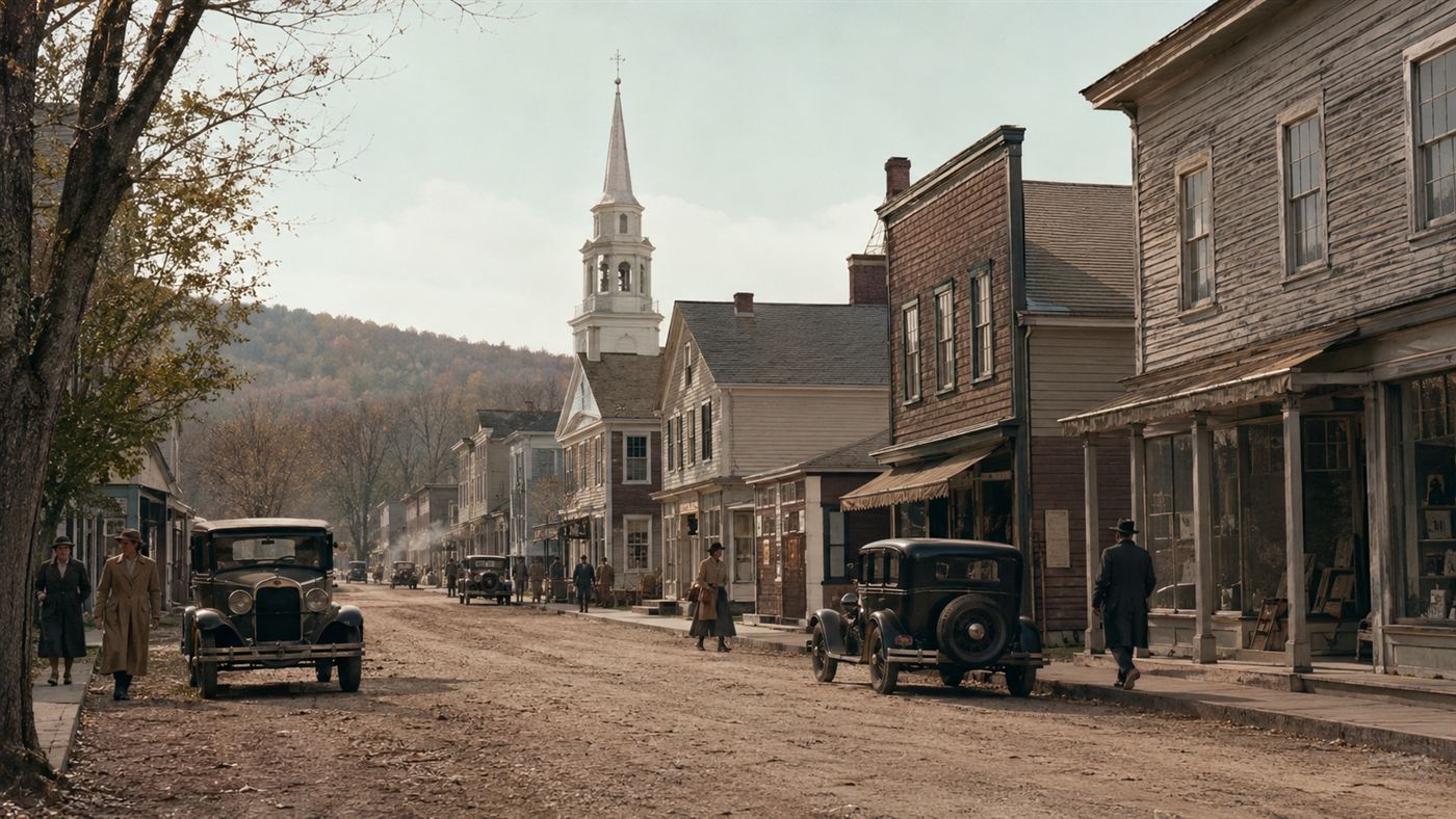 A quiet New England main street in the 1930s with wooden storefronts and a church steeple, soon to be flooded