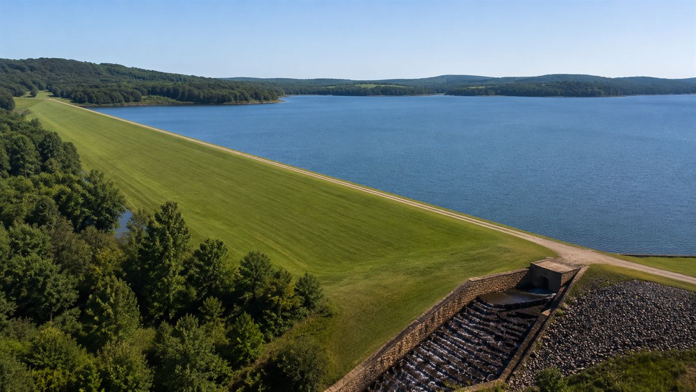 The long earthen Winsor Dam holding back the vast Quabbin Reservoir under a clear sky