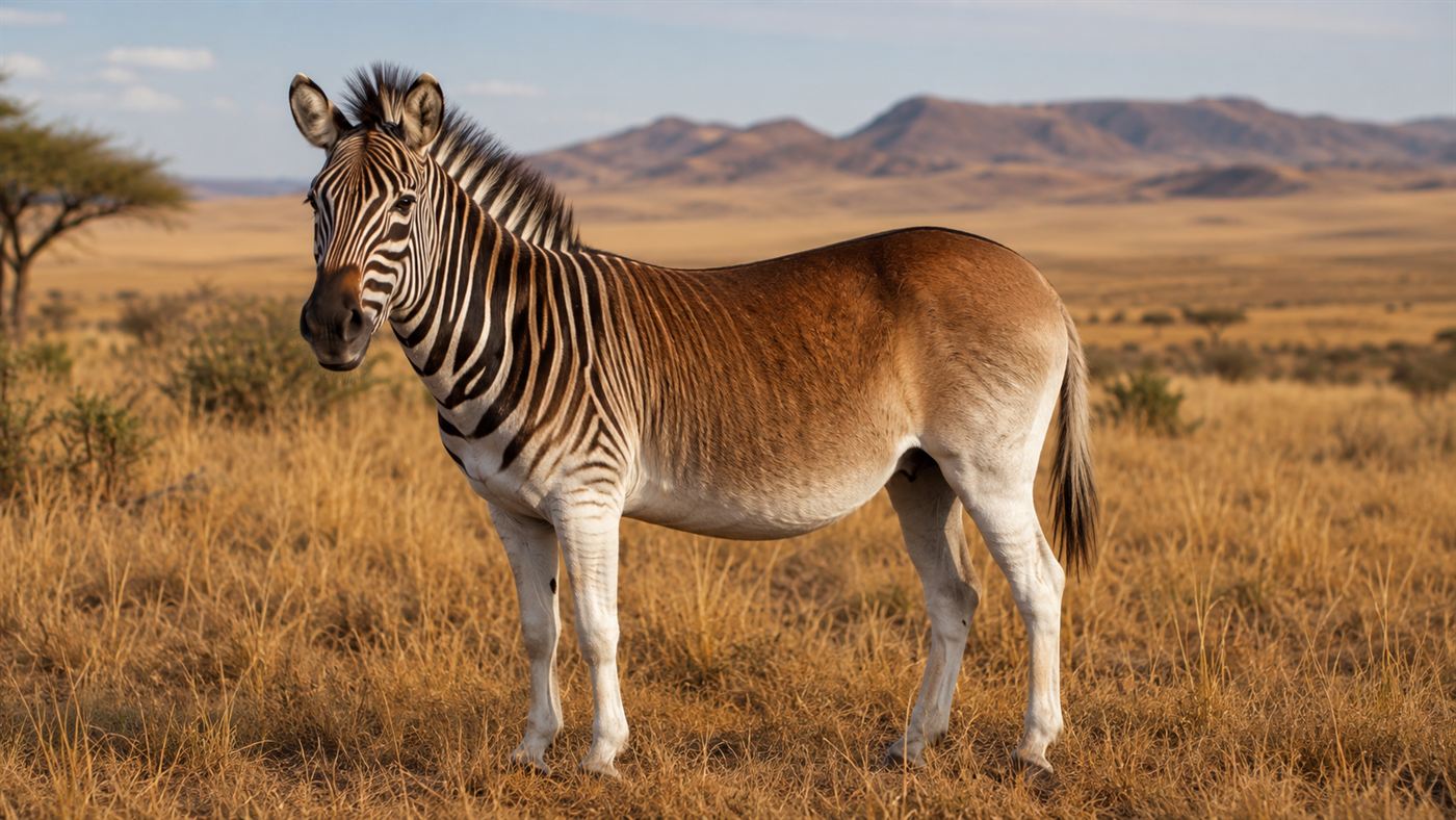 A quagga on African grassland, striped on the head and neck and fading to plain brown on the body