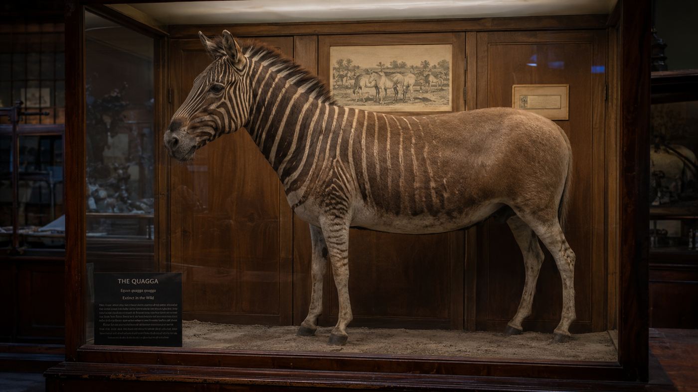 A mounted historical quagga specimen in a museum, its faded stripes and brown body preserved behind glass