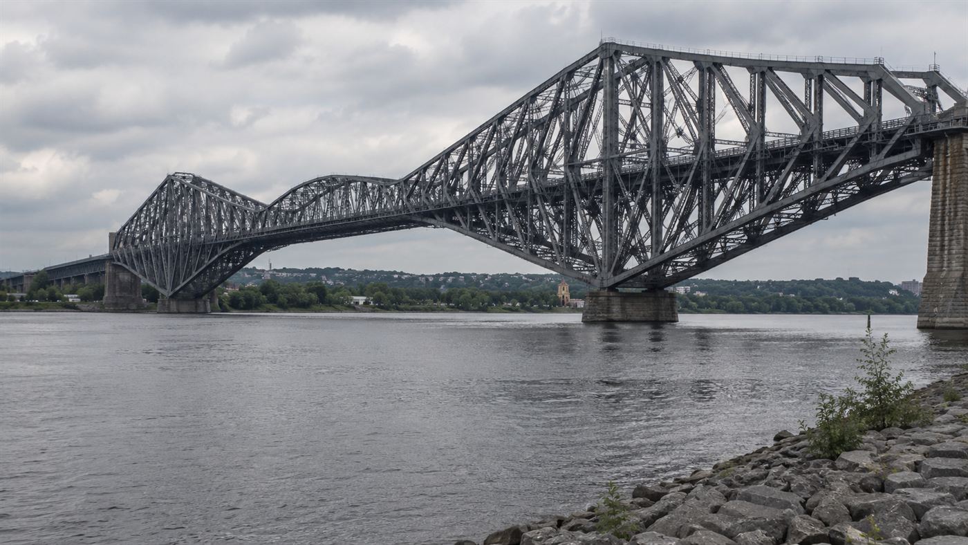 The great steel cantilever Quebec Bridge spanning the wide St. Lawrence River