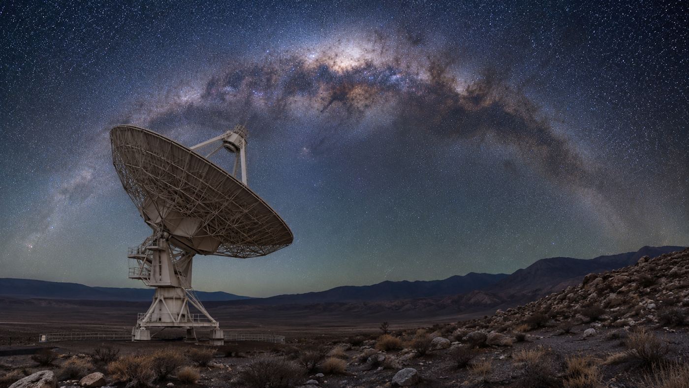 A large white radio telescope dish of the Event Horizon Telescope pointed at a brilliant star-filled night sky with the Milky Way overhead