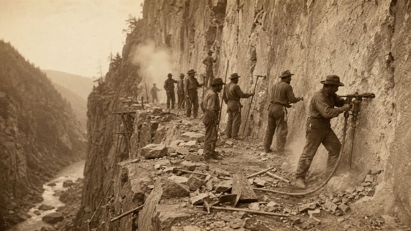 1860s railroad workers cutting a ledge into a sheer granite cliff with hand drills and black powder