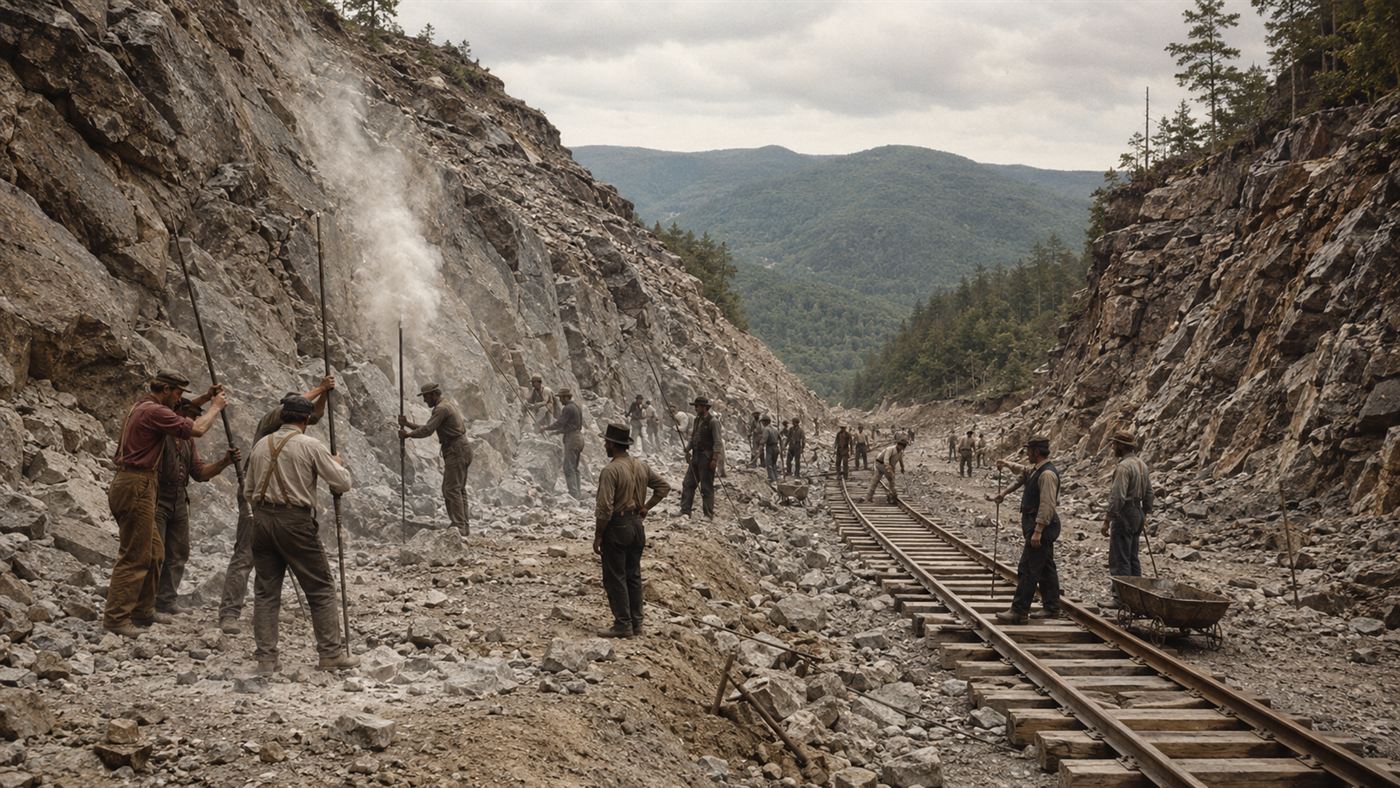 An 1840s railroad construction crew blasting rock with long iron tamping bars in the Vermont hills