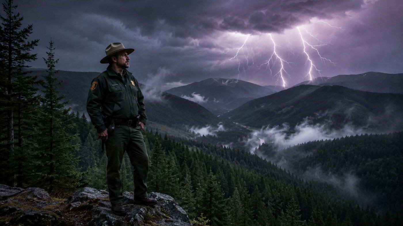 A lone park ranger on a misty mountain ridge as a lightning storm flashes behind, evoking Roy Sullivan