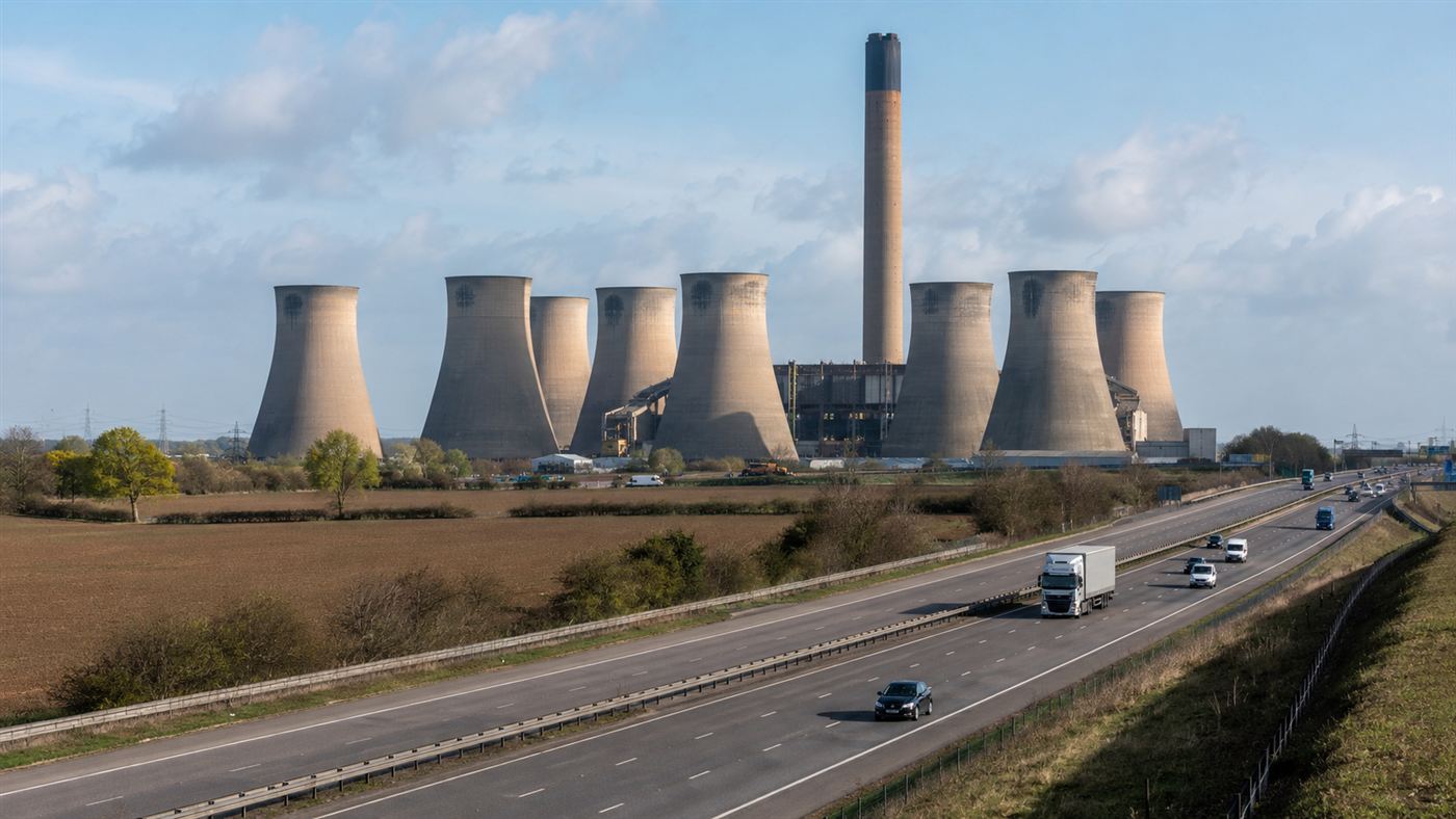 Eight large concrete hyperbolic cooling towers and a tall chimney rising from a power station beside a motorway in the English Midlands, visible for miles