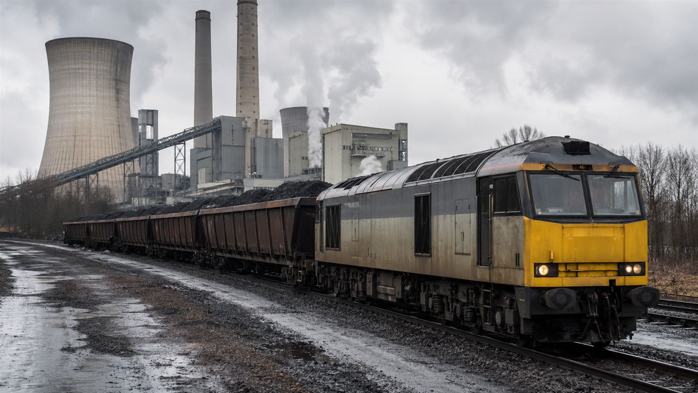A heavy freight locomotive pulling hopper wagons loaded with coal arriving at an industrial power station on a grey overcast day, the final coal delivery