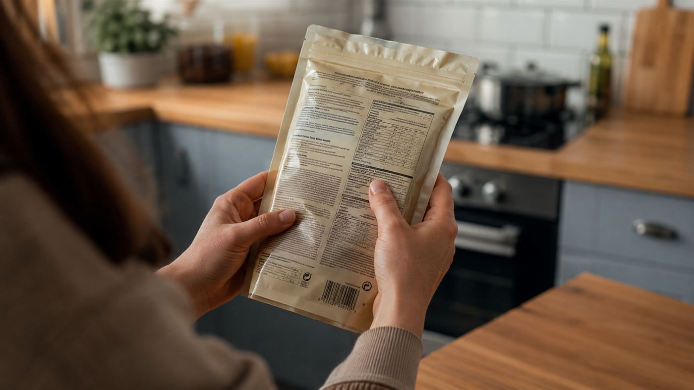 A person reading the ingredients and additives list on the back of a packaged food item