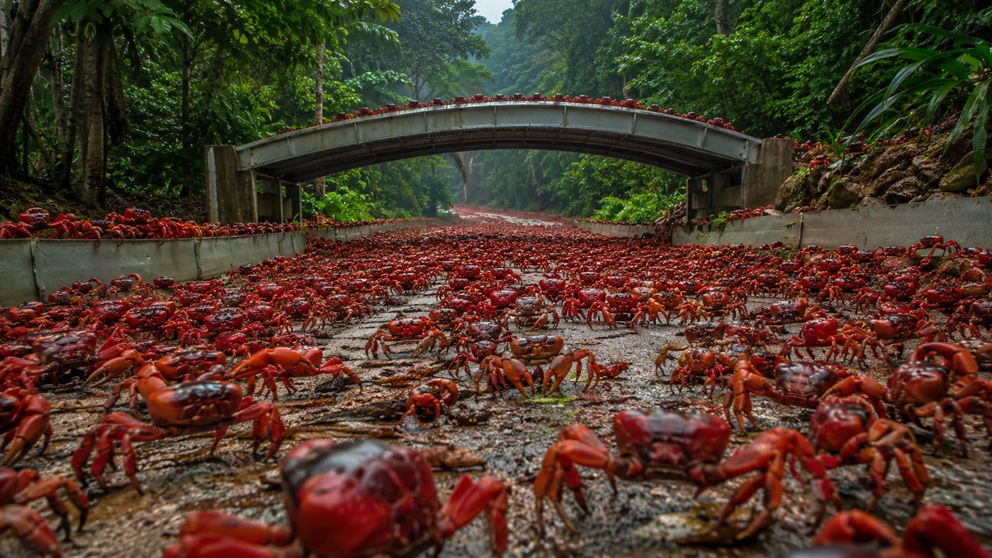 Christmas Island red crabs carpeting a jungle road during their annual migration to the sea
