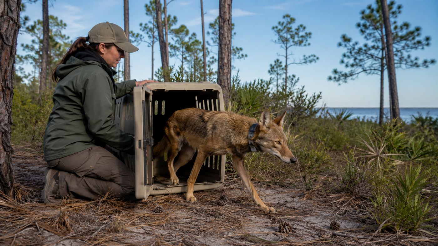 A wildlife biologist gently releasing a radio-collared red wolf from a crate at the edge of a coastal North Carolina forest