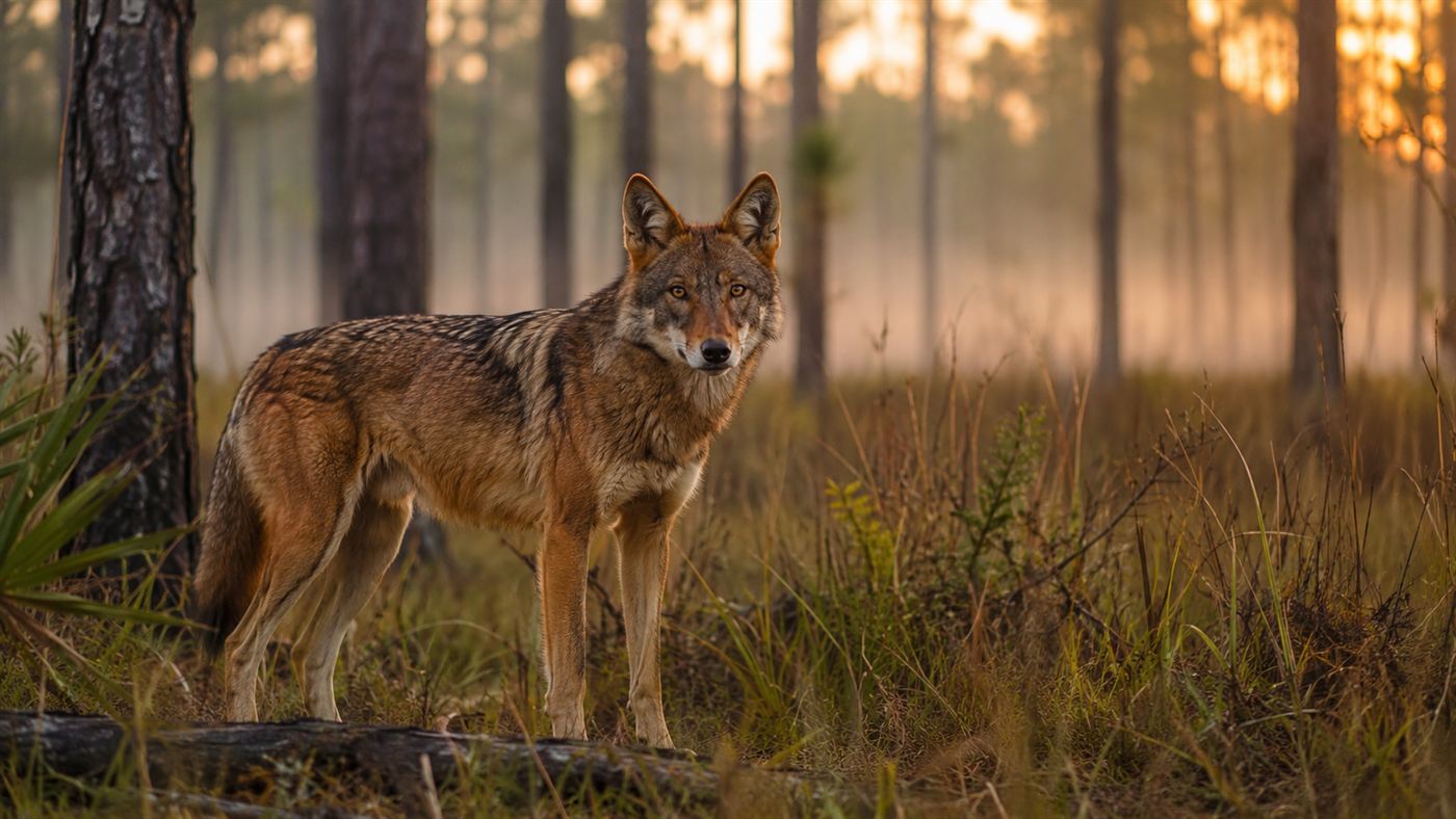 A lone red wolf with tawny-red fur and large ears standing alert in a misty North Carolina pine forest at golden hour