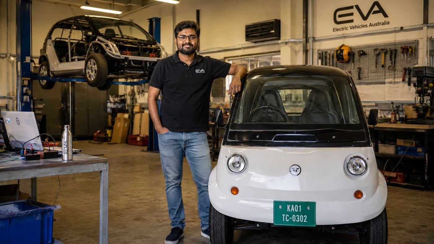 An engineer in a Bangalore workshop standing beside the small Reva electric car, with a prototype on a lift behind