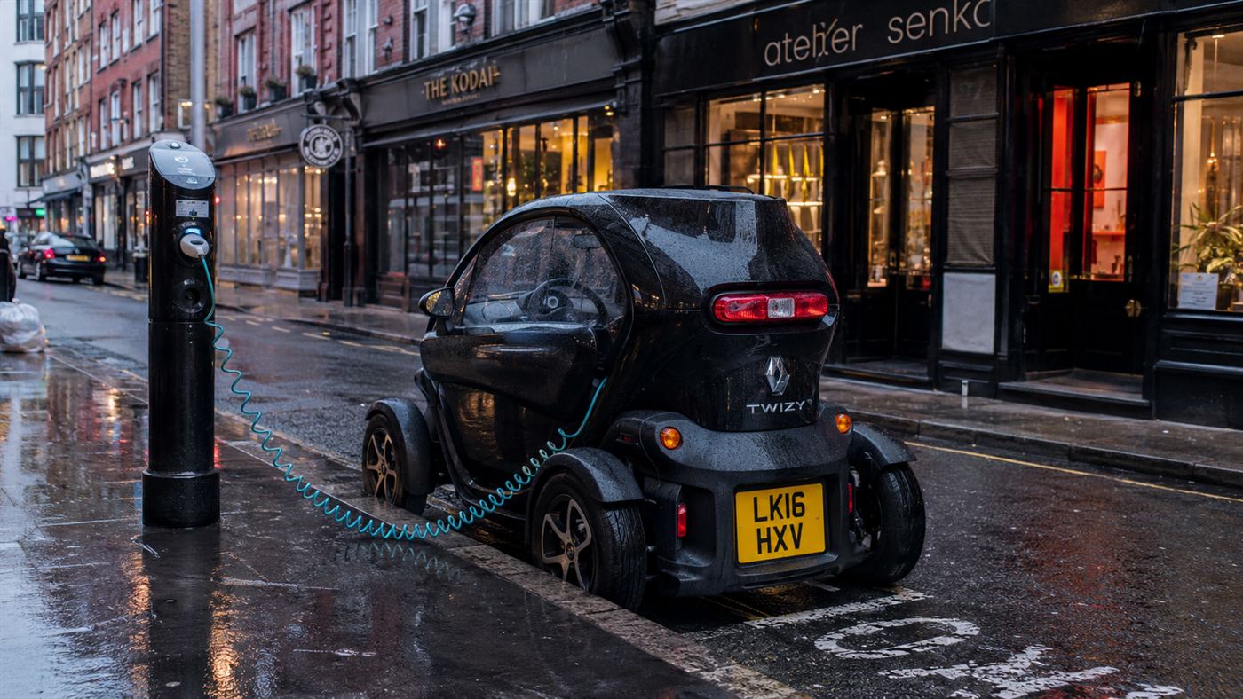 A Reva G-Wiz electric car plugged into a street charging point on a rainy London curb