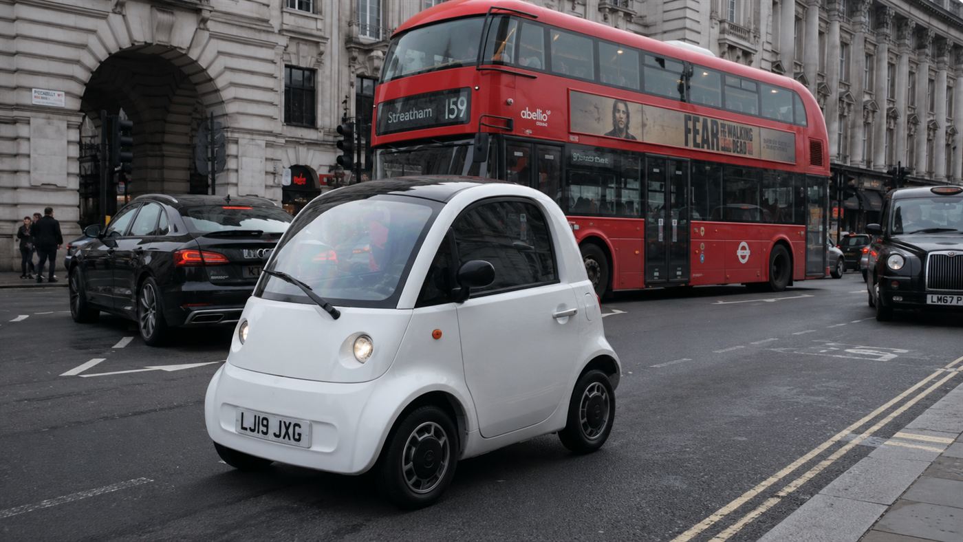 The tiny Reva G-Wiz electric car parked on a central London street beside a red double-decker bus