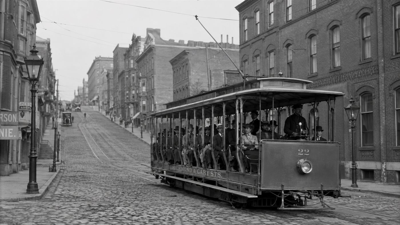 An 1888 electric streetcar climbing a city hill with an overhead trolley pole, part of Frank Sprague's system