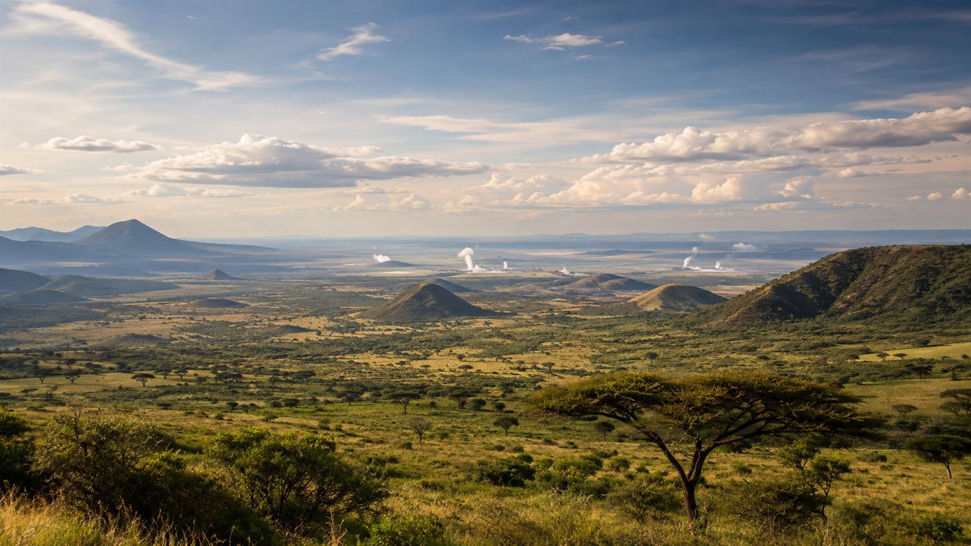 A wide view of Kenya's Great Rift Valley with distant geothermal steam plumes