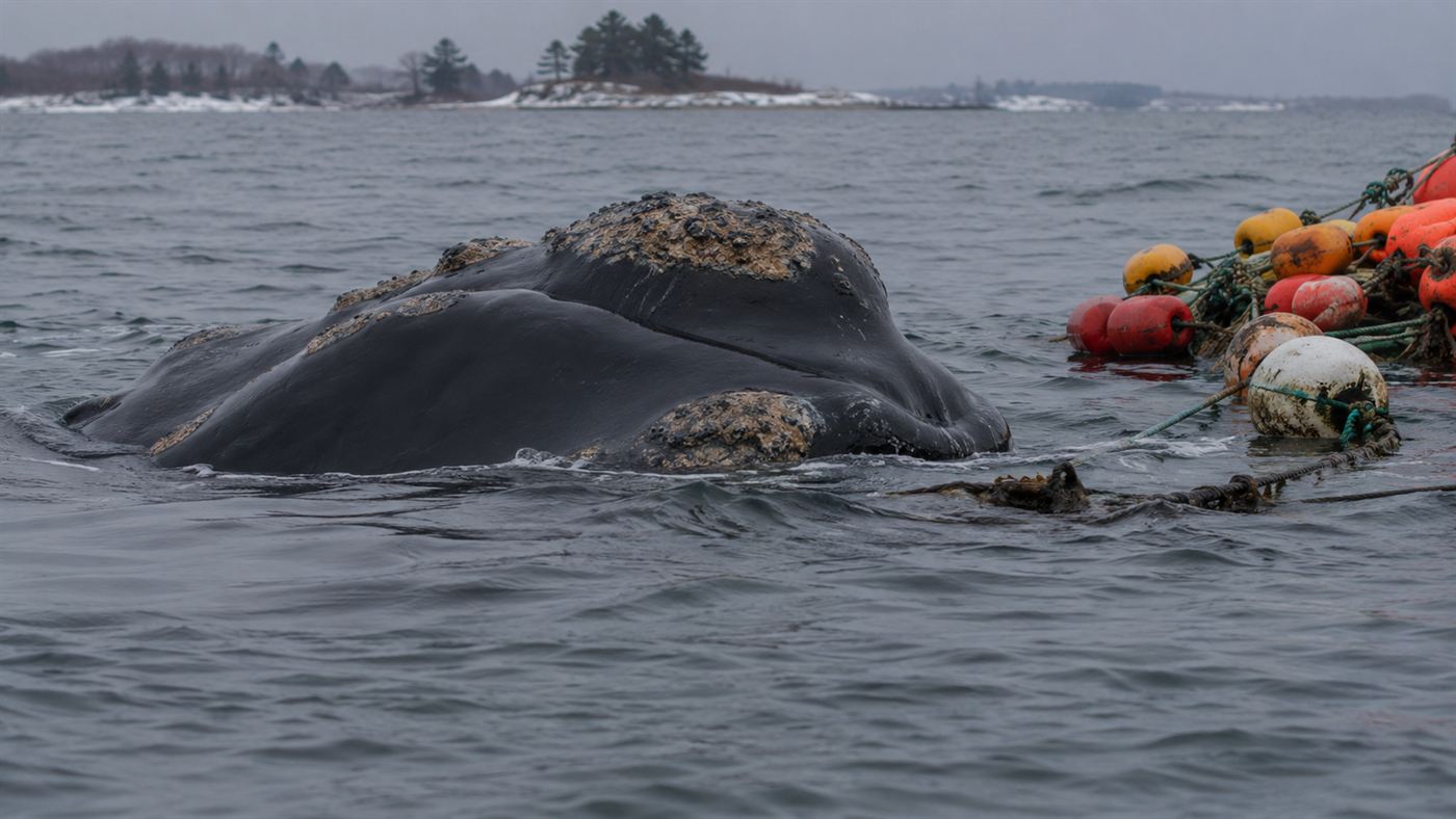 A North Atlantic right whale surfacing in cold grey water beside floating lobster trap buoys