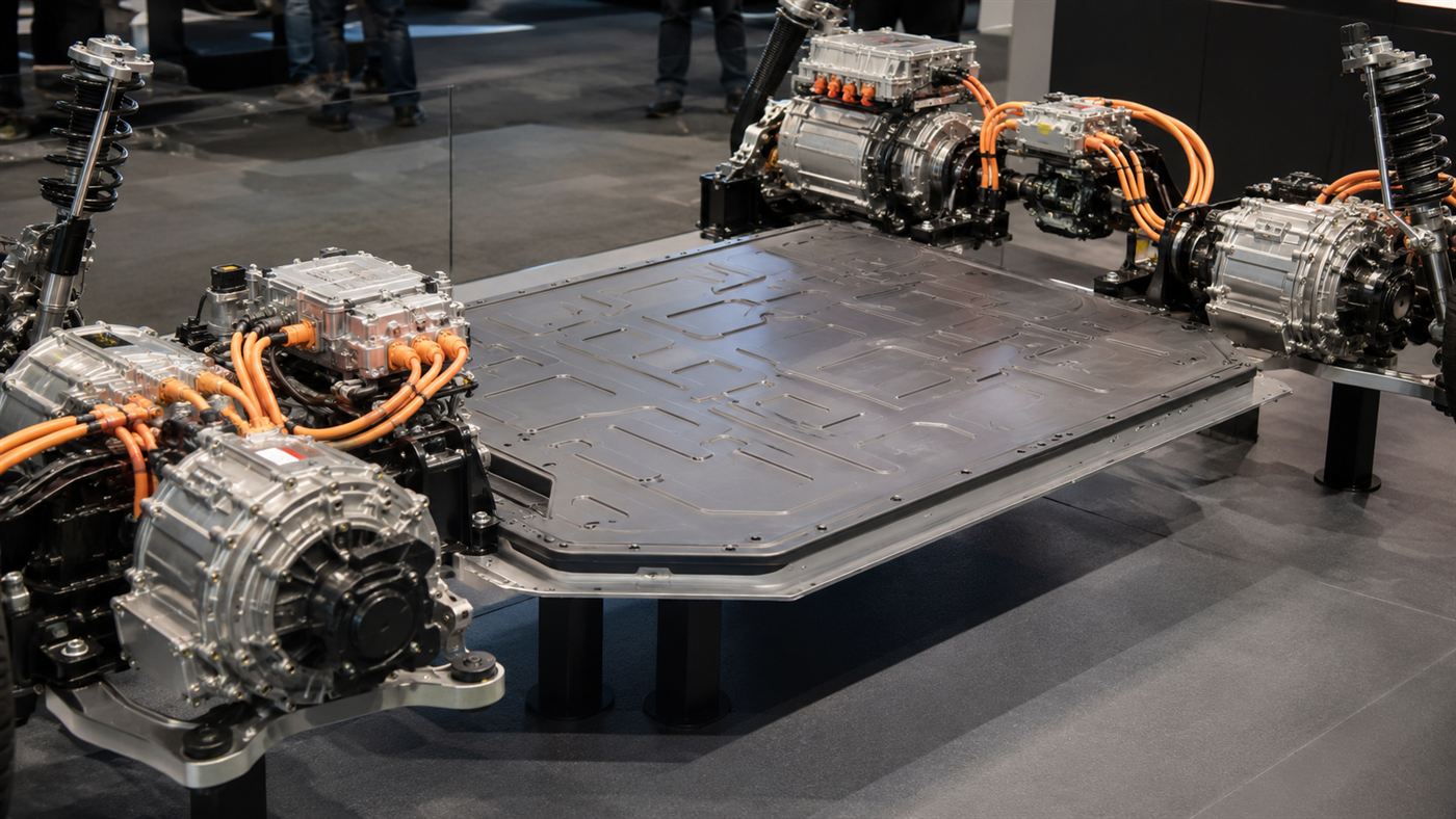 The four-motor electric powertrain and battery pack of a Rimac electric hypercar exposed on a stand