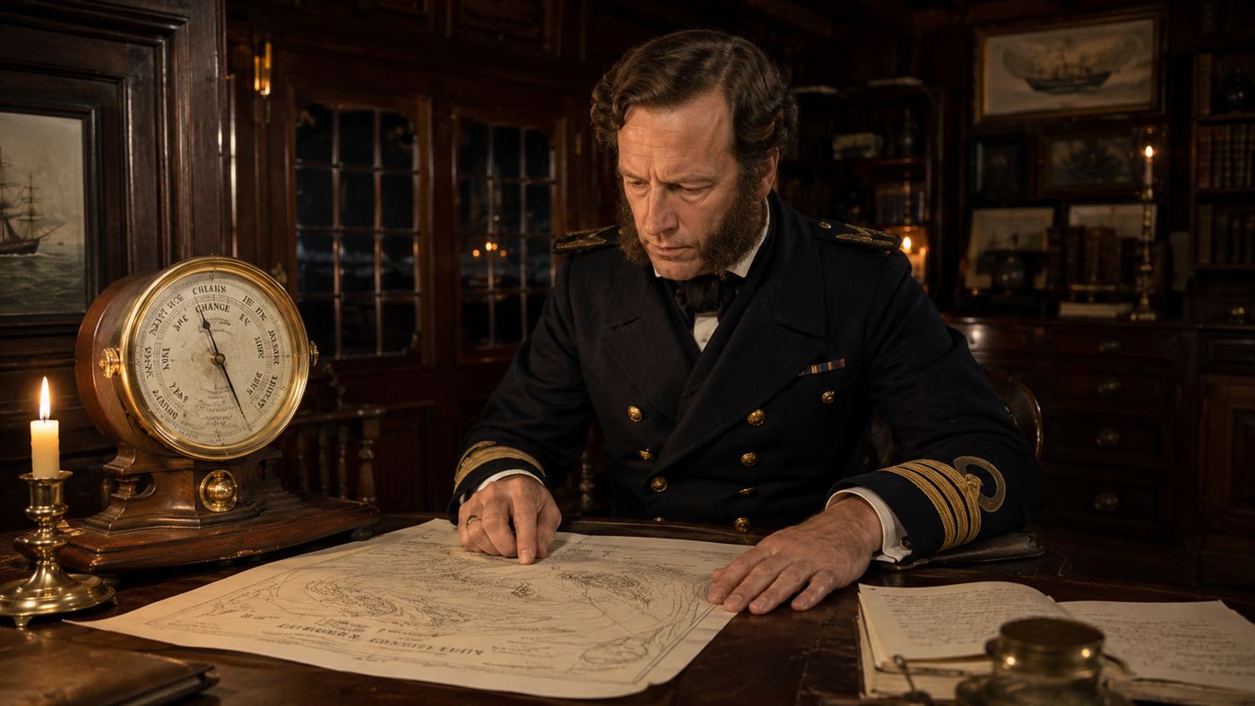 A Victorian naval officer studying a weather chart and barometer by candlelight, representing Robert FitzRoy