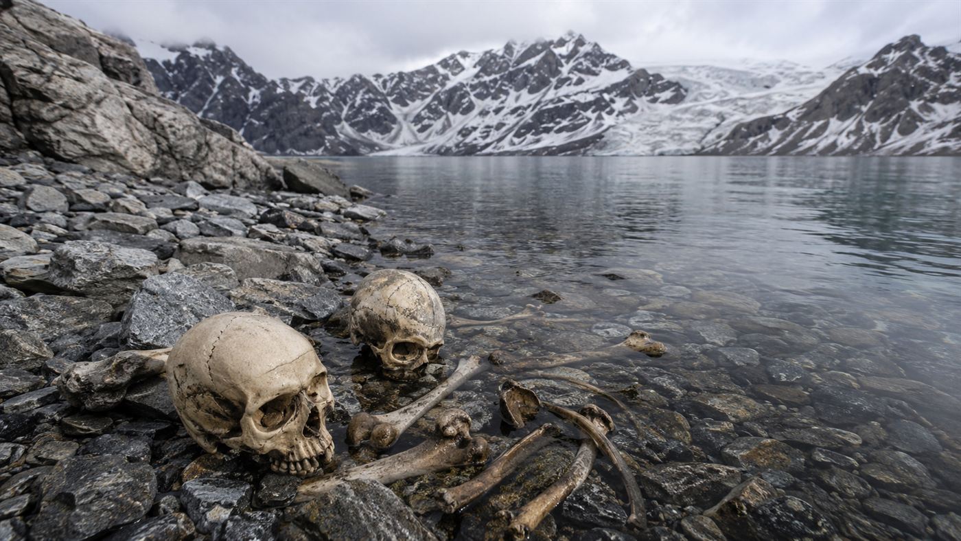 Ancient human skulls and bones resting among stones at the edge of Roopkund Lake