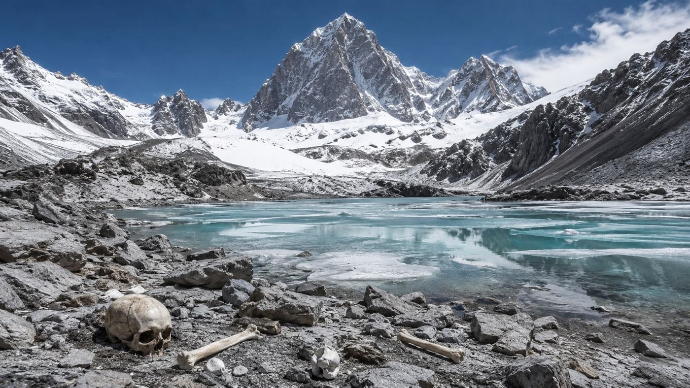 Roopkund Lake, a frozen Himalayan glacial lake with ancient bones scattered on its rocky shore