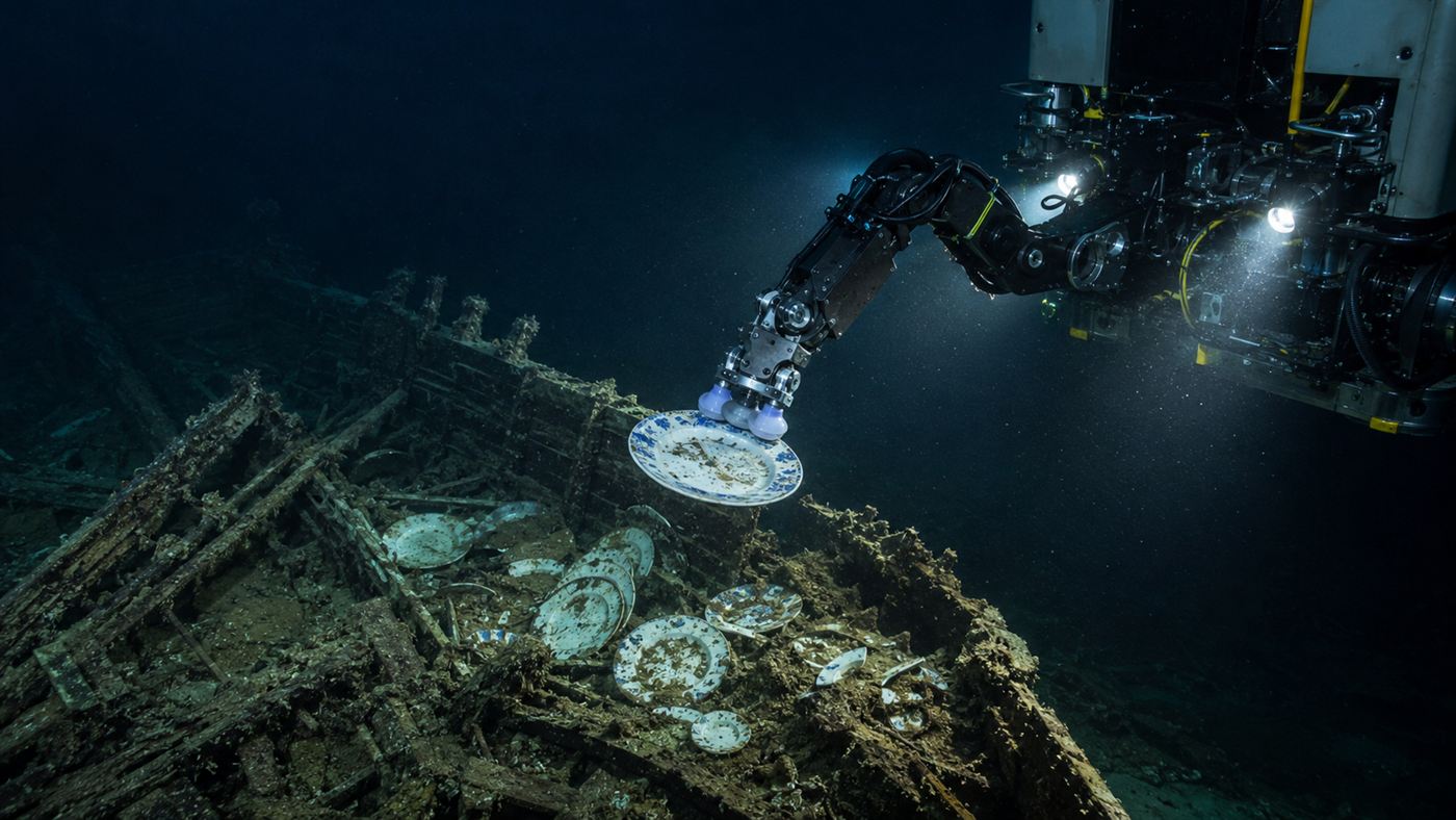 A remotely operated underwater vehicle using a robotic arm with suction cups to lift an artifact from a deep shipwreck