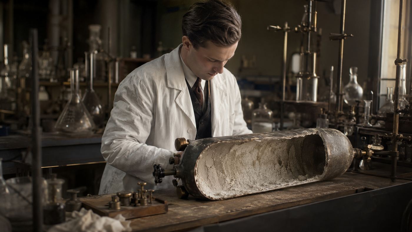 A 1930s chemistry lab with a chemist examining a sawed-open gas cylinder coated in white powder