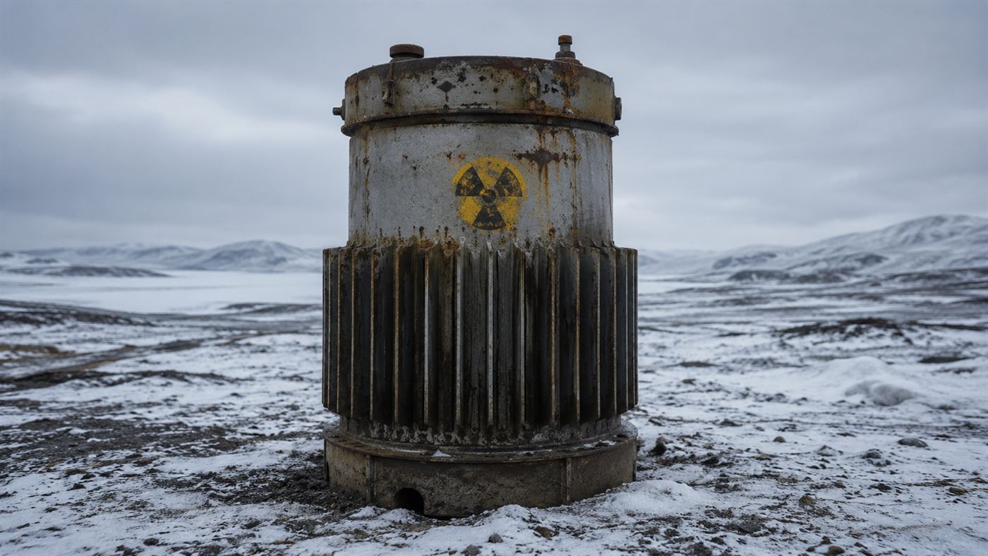 A finned cylindrical radioisotope thermoelectric generator unit with a radiation warning symbol on snowy ground