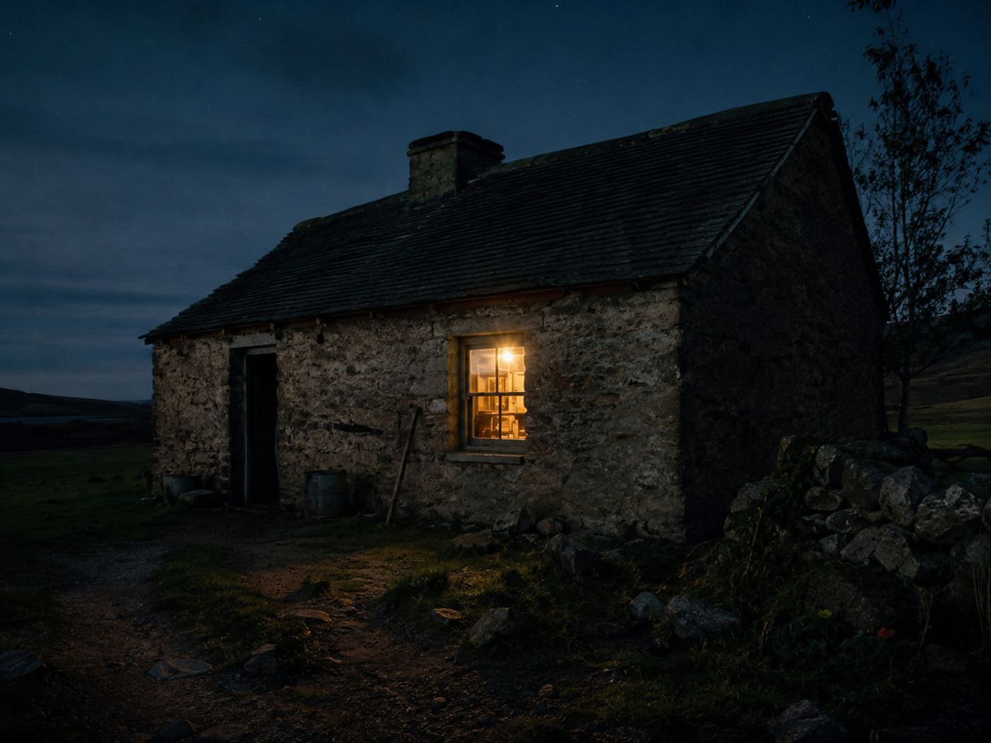 A rural Irish cottage at night with a single electric lightbulb glowing, the kind of home Ardnacrusha eventually reached