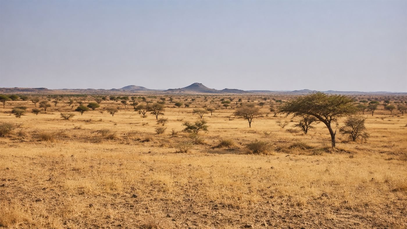 The arid Sahel landscape of central Chad, dry grassland and scattered thorn trees under a pale sky
