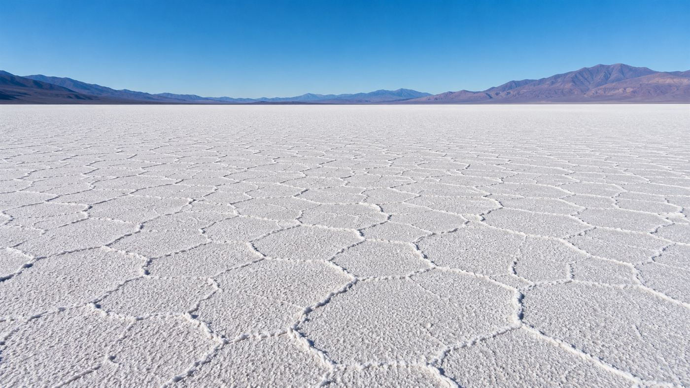 The dry cracked surface of the Salar de Uyuni forming a honeycomb pattern of salt hexagons