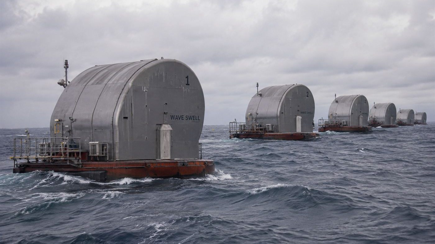 Cam-shaped floating wave energy devices, like Salter's Duck, nodding on grey ocean swells