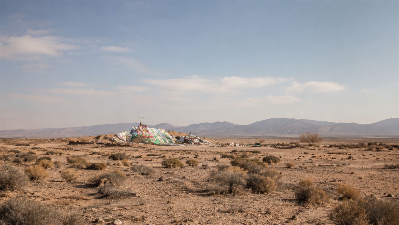 Salvation Mountain seen from a distance as a bright coloured hill in a wide, empty, sun-baked California desert landscape