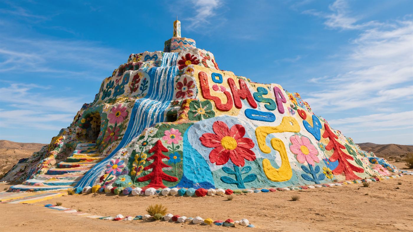 Salvation Mountain, a brightly painted adobe hill covered in colourful flowers, streams and the words God is Love, in the California desert