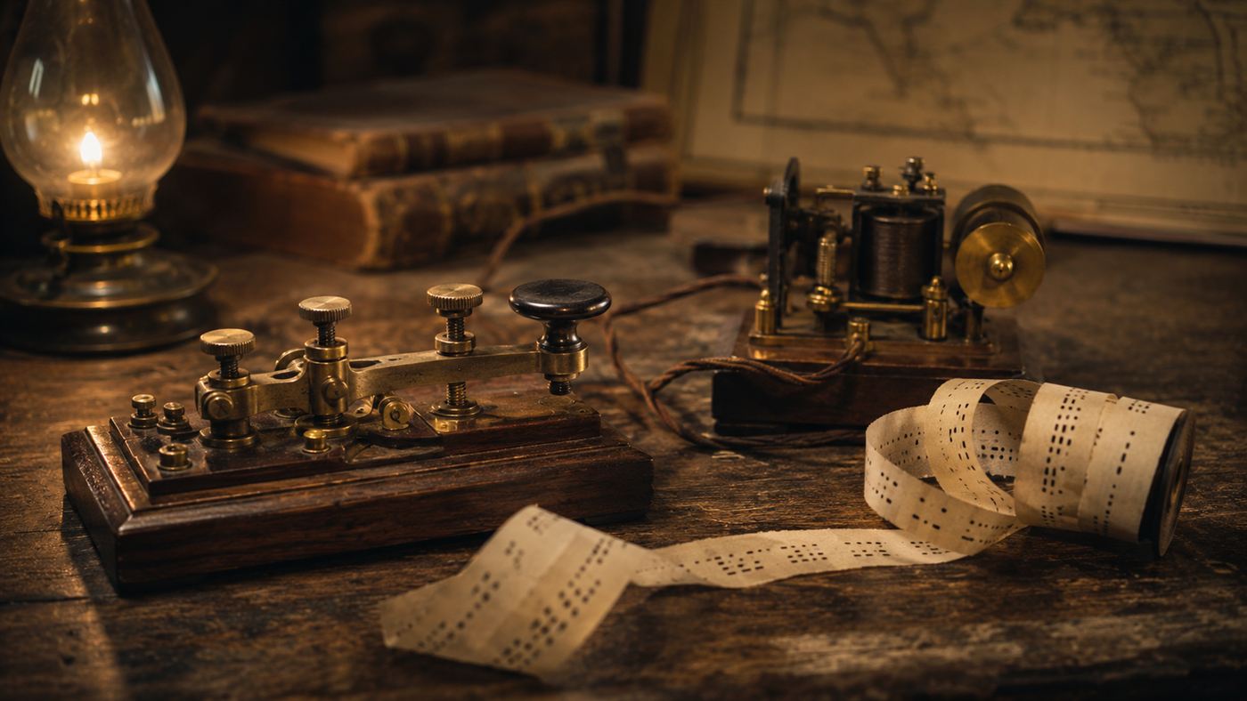 A vintage brass telegraph key on a wooden desk beside a paper tape of dots and dashes, evoking Samuel Morse and the birth of the telegraph