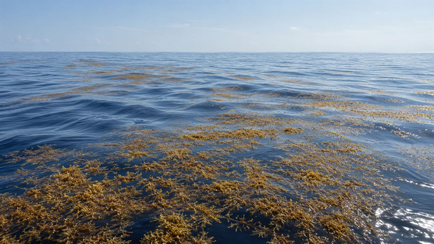 The open Sargasso Sea with mats of golden-brown floating sargassum seaweed drifting on deep blue Atlantic water
