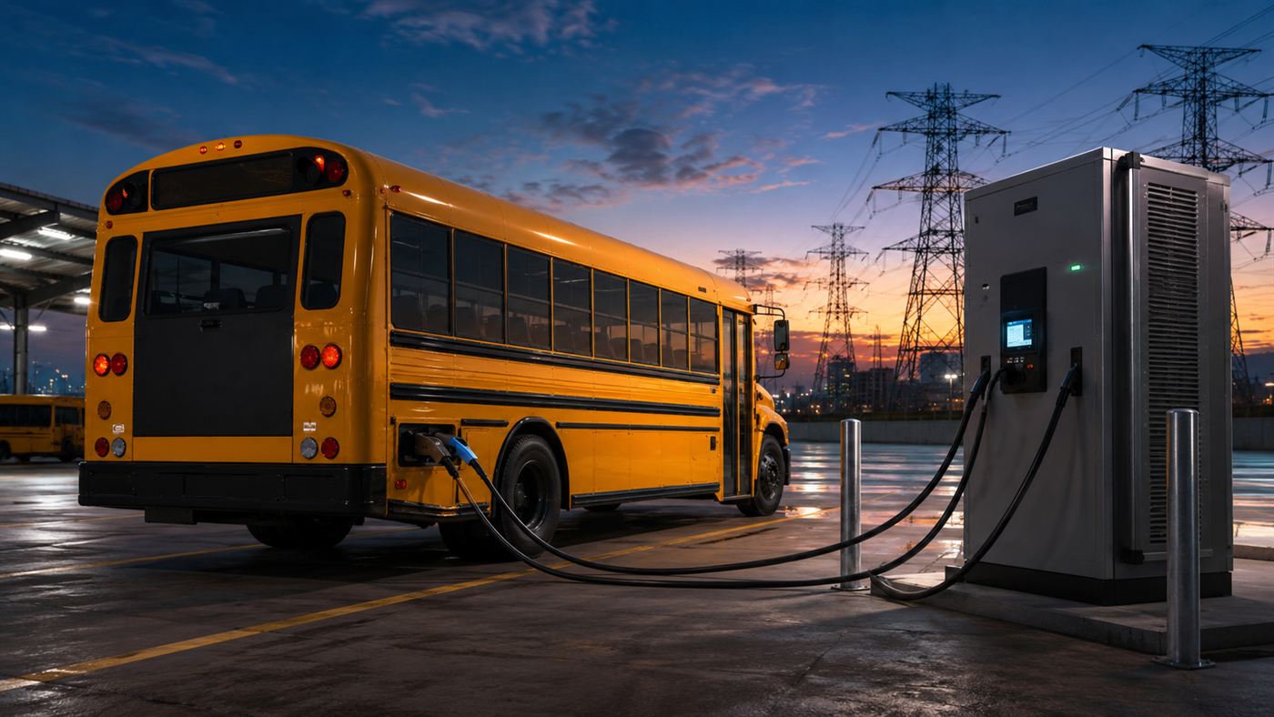 An electric school bus connected to a bidirectional vehicle-to-grid charger at a depot