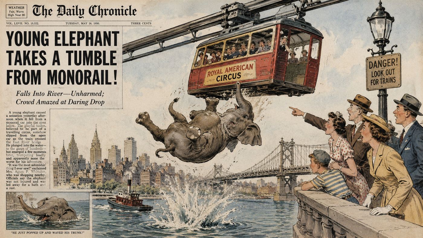 A whimsical vintage-style illustration of a young elephant falling from a hanging railway carriage toward a river below as onlookers watch in shock