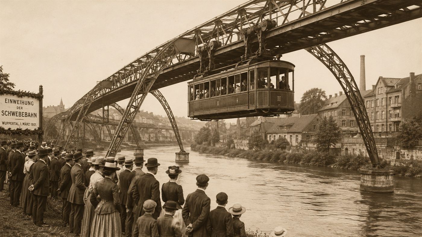 A sepia 1900s photograph of the newly built Wuppertal suspension railway running over the Wupper river with period crowds watching