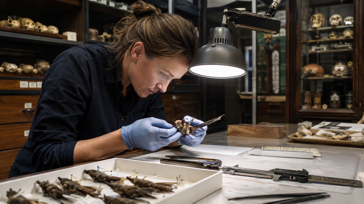 A researcher carefully examining a small bat specimen under a lamp with measuring tools in a museum collection