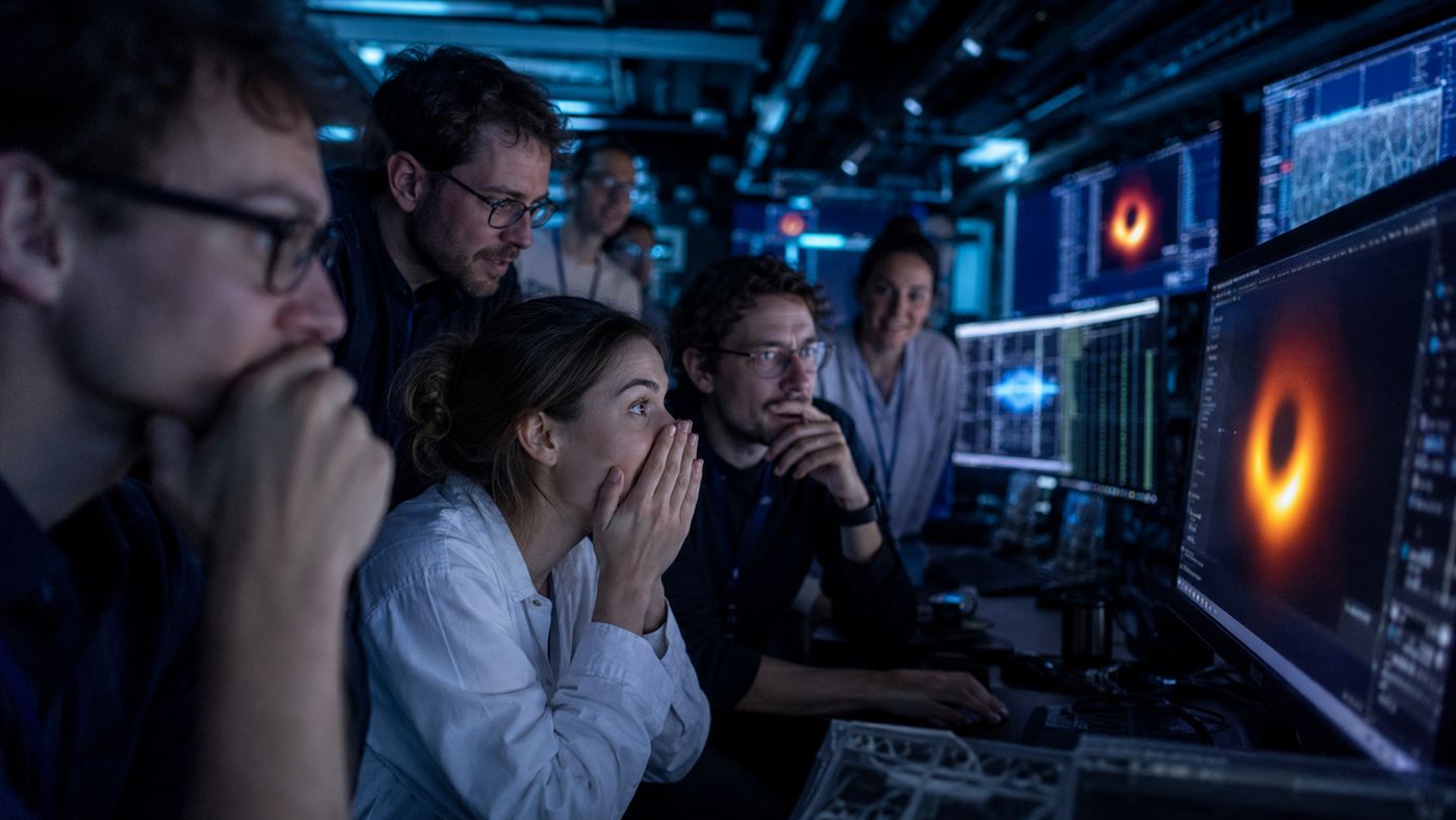 Scientists in a control room reacting with awe to a glowing orange ring image on screen, the first black hole image being confirmed
