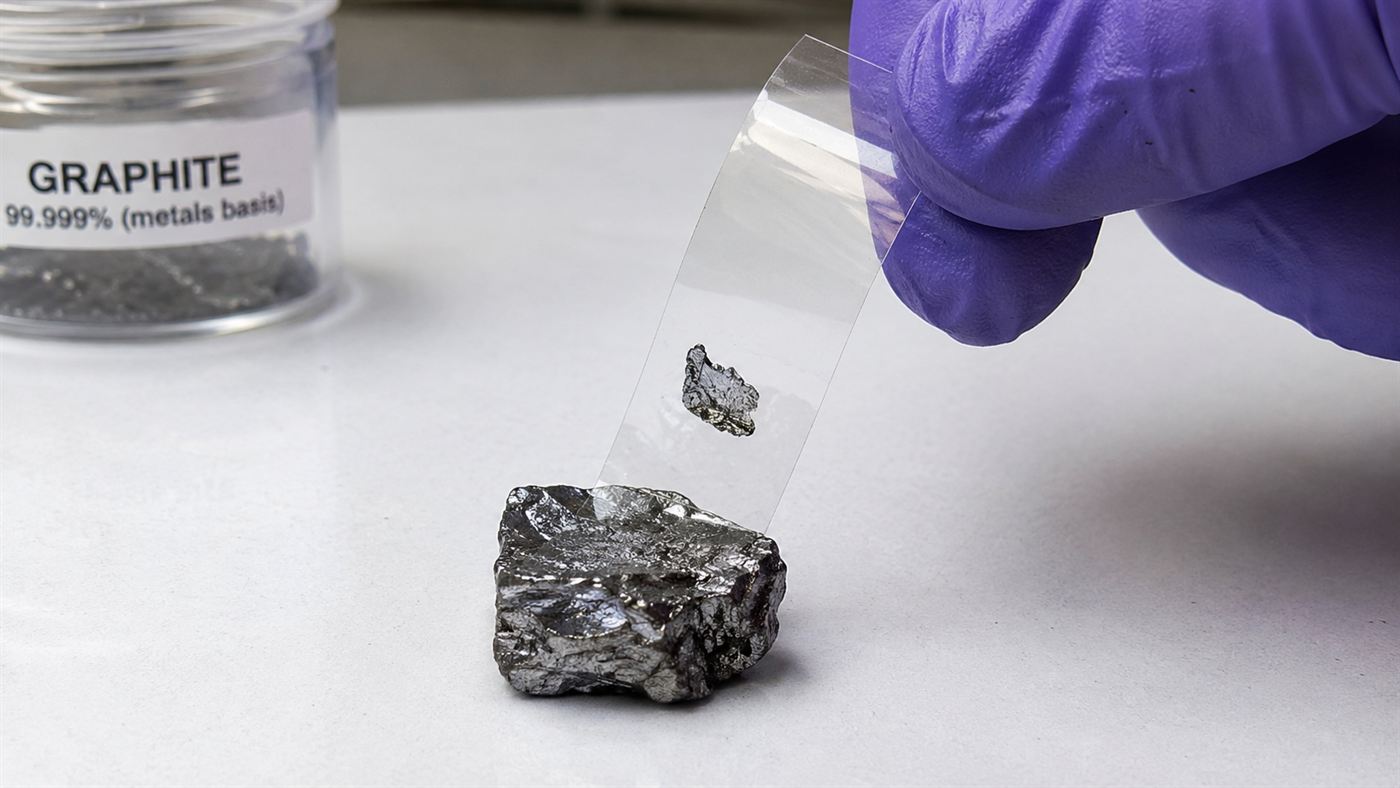 A gloved hand peeling a strip of Scotch tape away from a small lump of grey graphite on a laboratory bench