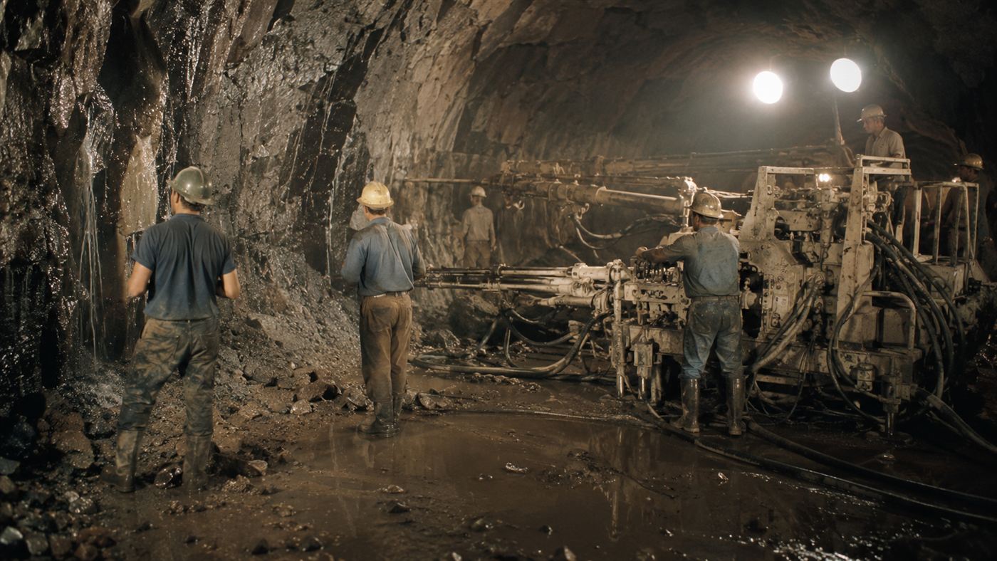 Construction workers at the rough rock face of the Seikan Tunnel with water on the floor and floodlights