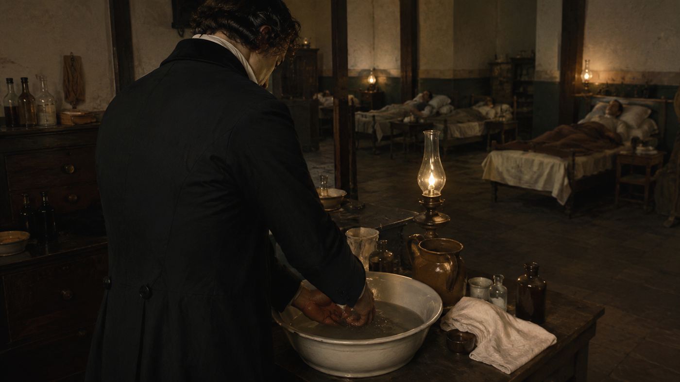 A mid-19th-century physician like Ignaz Semmelweis washing his hands in a basin in a dim hospital ward by lamplight