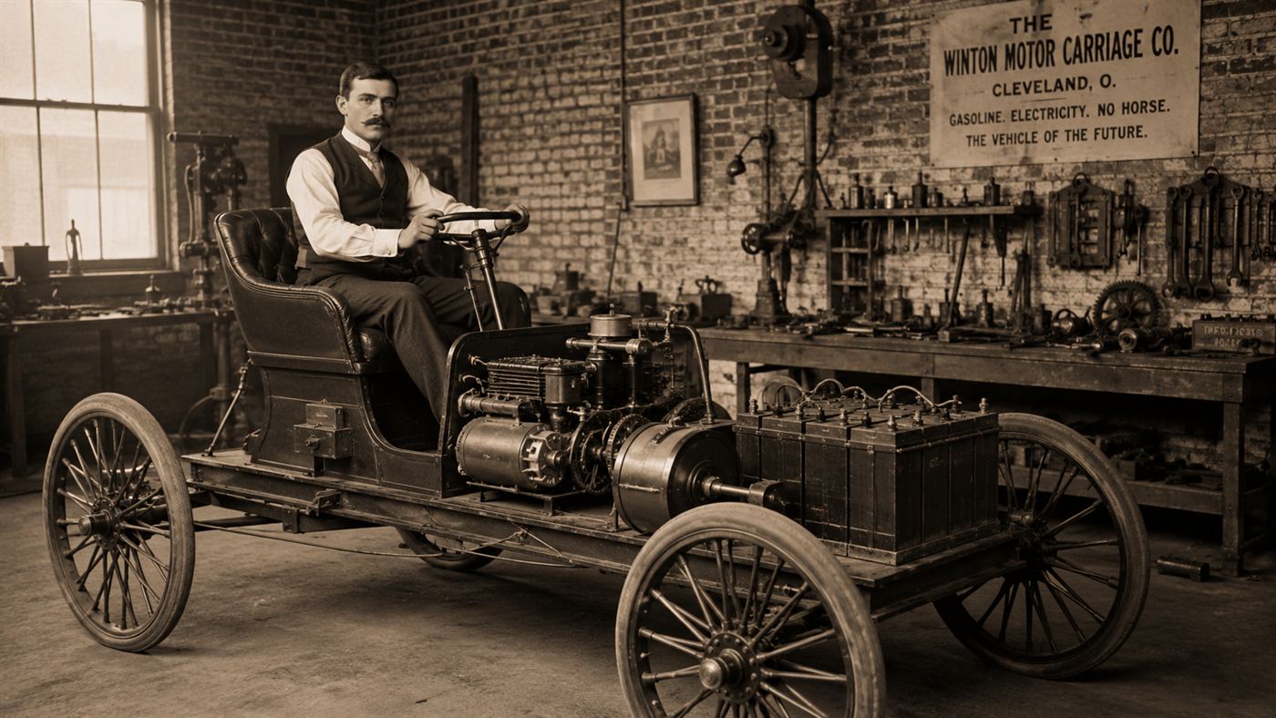 A young engineer at the tiller of the 1900 Semper Vivus hybrid car with its petrol generator and batteries